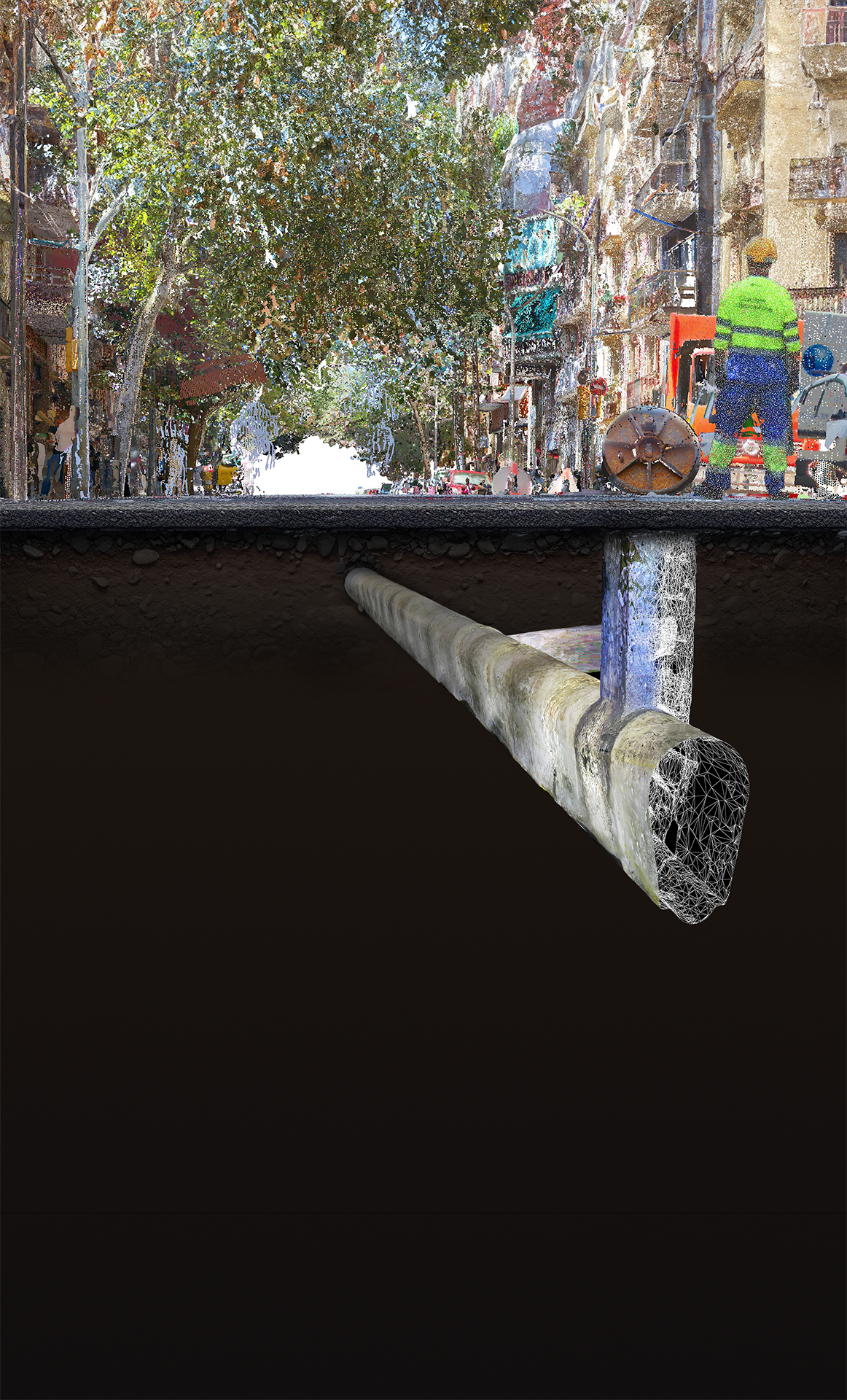 Escaneado láser 3D real de un tramo de vía pública y de alcantarilla visitable, representado como nube de puntos.